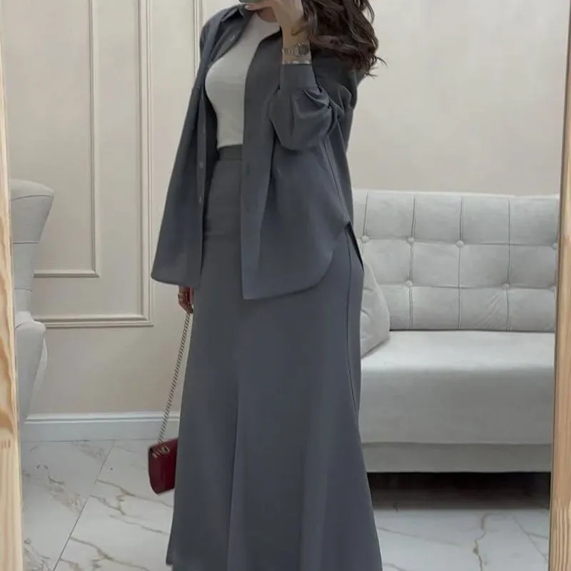 💕 Classy & Comfortable: Gray Loose Shirt & Fishtail Skirt Two-Piece Suit