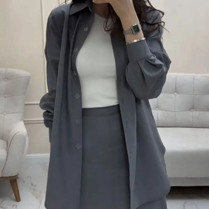 💕 Classy & Comfortable: Gray Loose Shirt & Fishtail Skirt Two-Piece Suit