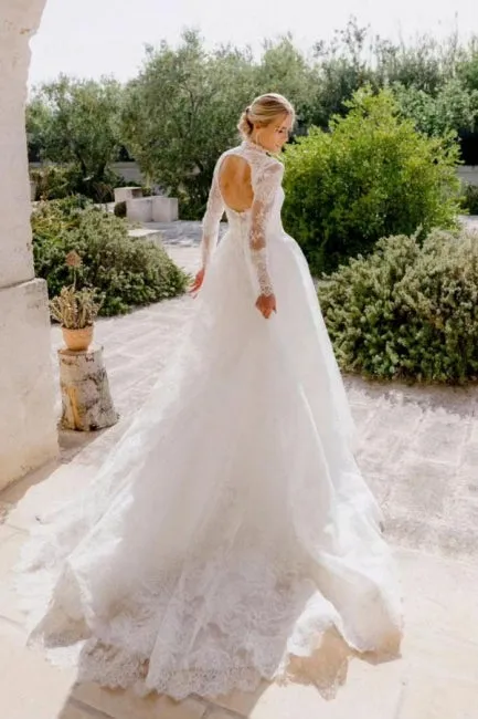 A-Line Long Sleeve Square Neck Floor-Length Tulle Open Back Wedding Dresses with Lace