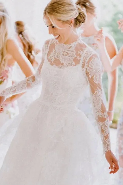 A-Line Long Sleeve Square Neck Floor-Length Tulle Open Back Wedding Dresses with Lace