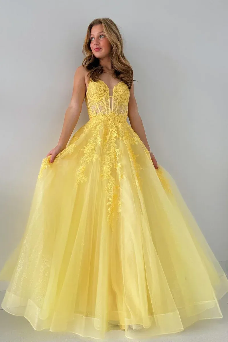 A-Line V Neck Yellow Tulle Lace Long Prom Dresses