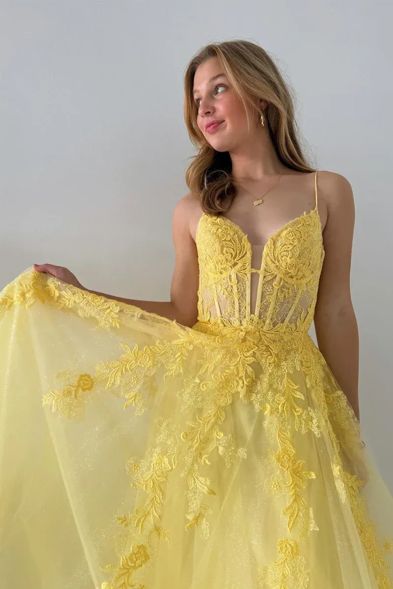 A-Line V Neck Yellow Tulle Lace Long Prom Dresses