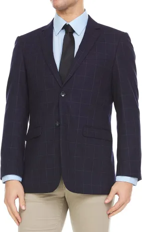 Adam Baker Men's Single Breasted 100% Wool Ultra Slim Fit Blazer/Sport Coat - Dark Navy Windowpane