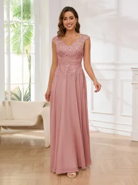 Ailani Delicate A-Line V Neck Lace Pleated Long Chiffon Mother of the Bride Dresses