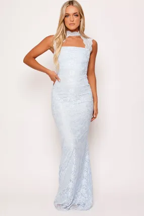 Avanya - Powder Blue High Neck Cut Out Lace Evening Dress