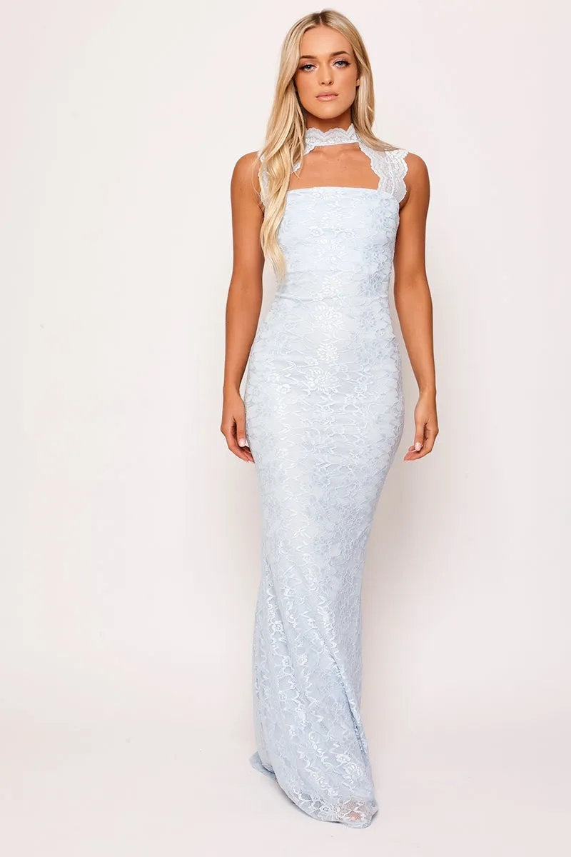 Avanya - Powder Blue High Neck Cut Out Lace Evening Dress