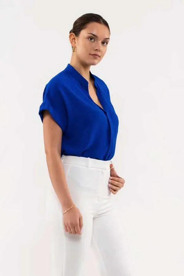 Band Collar V-Neck Woven Top