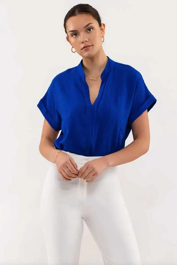 Band Collar V-Neck Woven Top