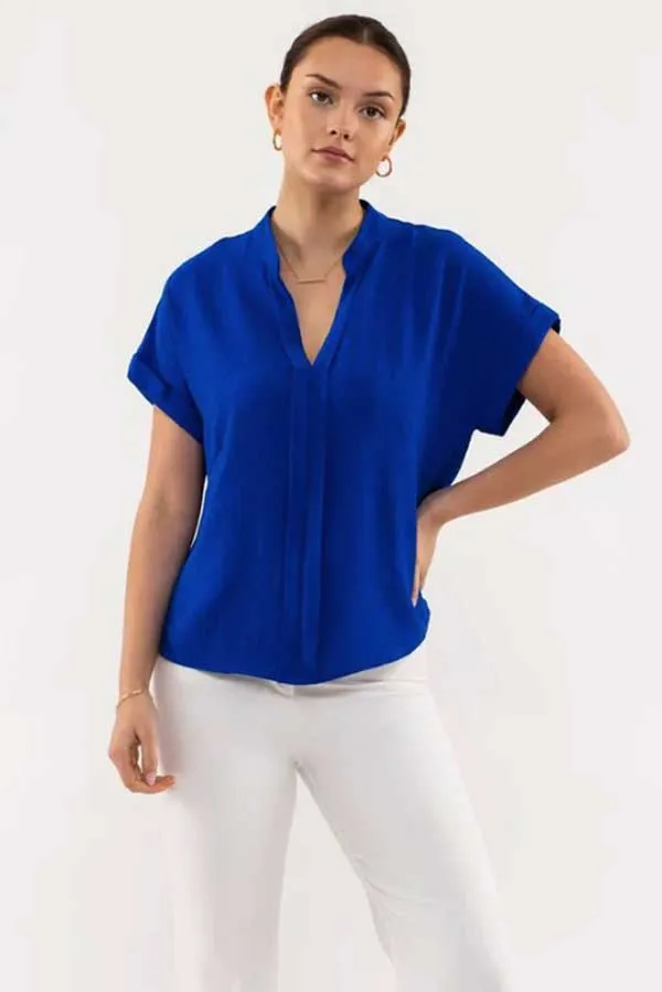 Band Collar V-Neck Woven Top