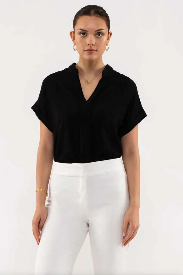 Band Collar V-Neck Woven Top