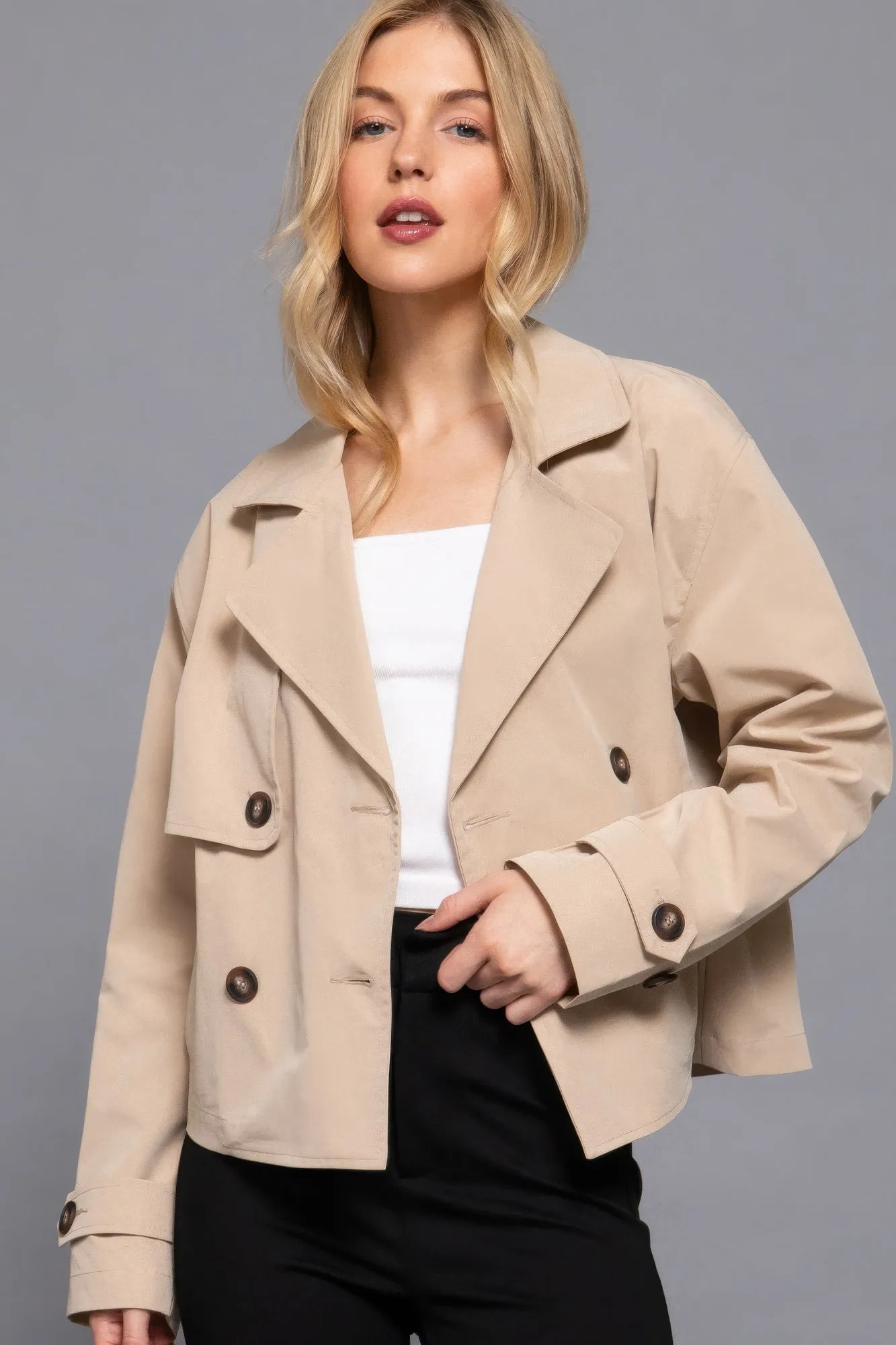 Beige Double Breasted Short Trench Jacket