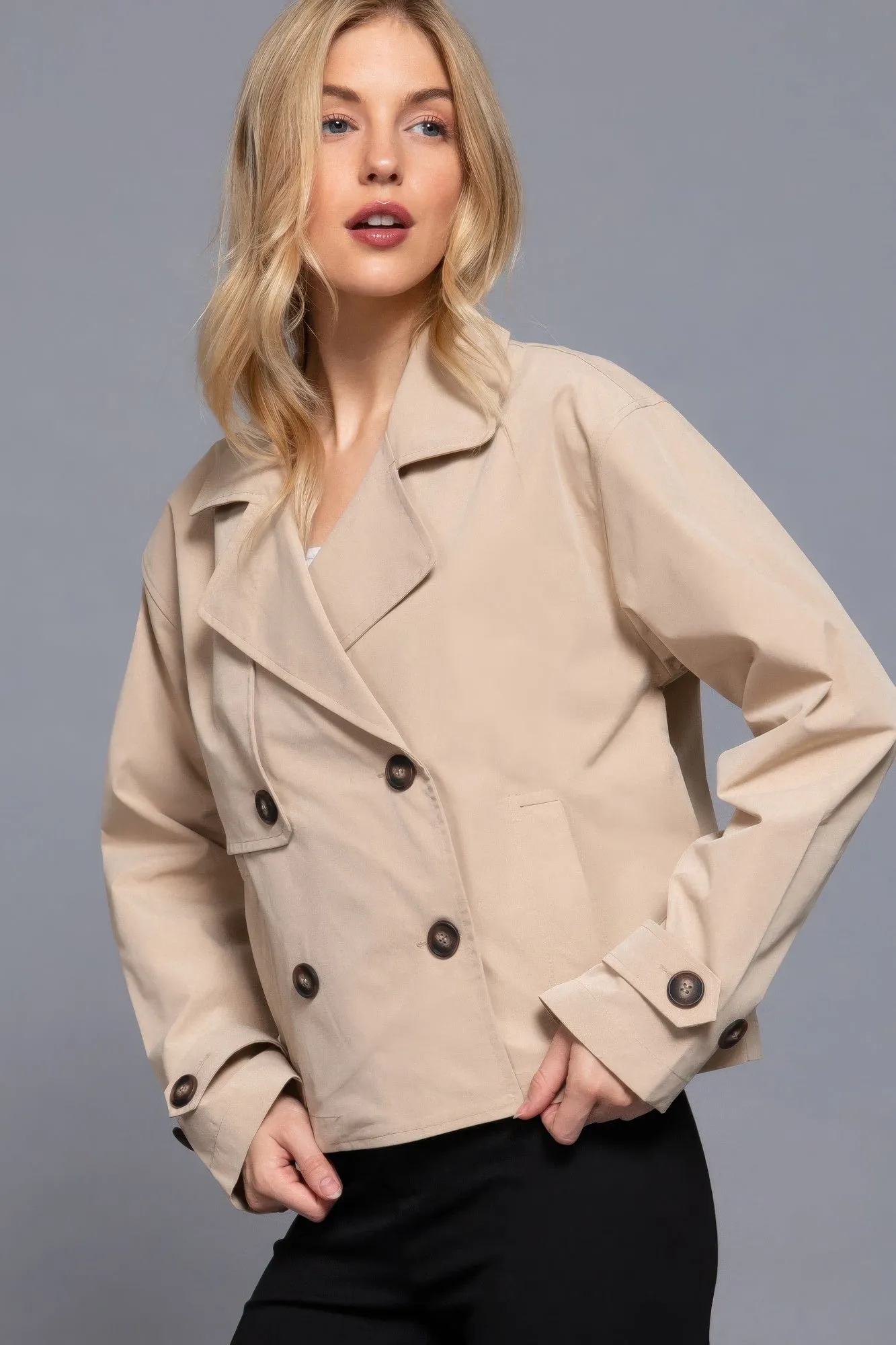 Beige Double Breasted Short Trench Jacket