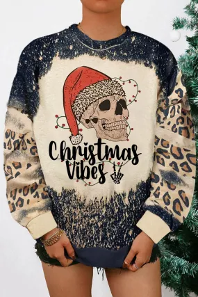 Black Christmas Vibes Skull Leopard Color Block Sweatshirt