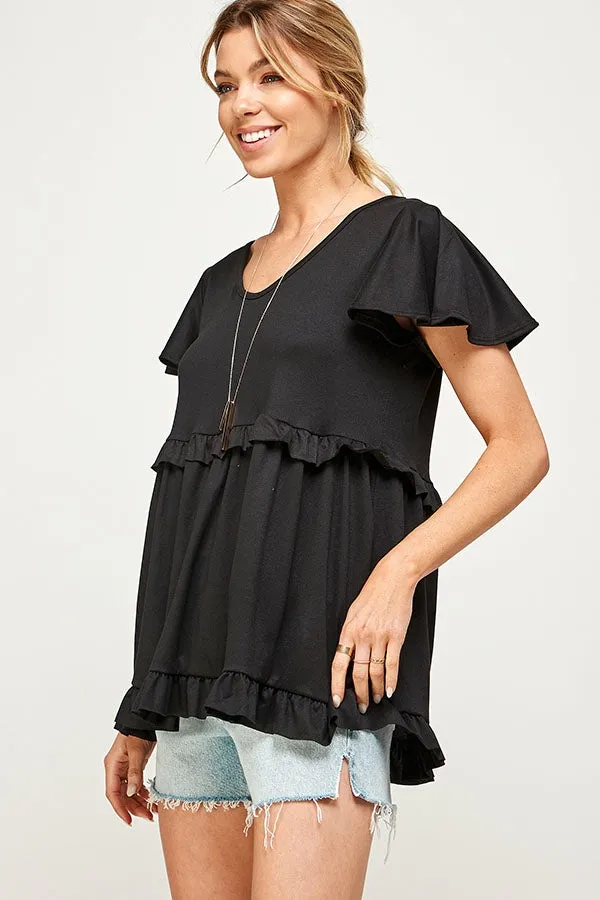 BLACK ROUND V-NECK RUFFLE DETAIL SHORT SLEEVE TOP