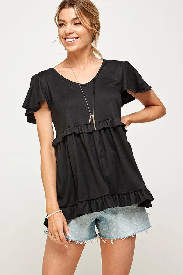 BLACK ROUND V-NECK RUFFLE DETAIL SHORT SLEEVE TOP