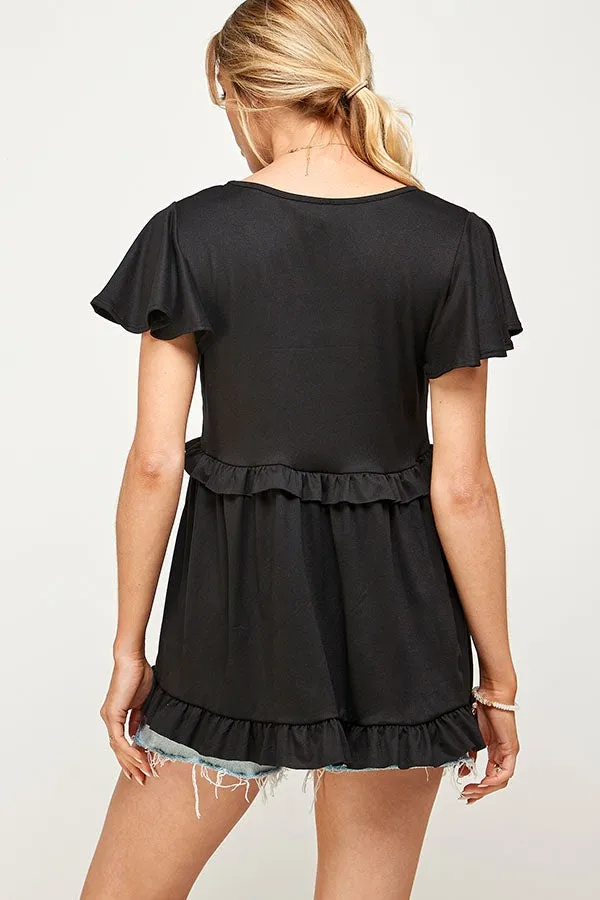 BLACK ROUND V-NECK RUFFLE DETAIL SHORT SLEEVE TOP