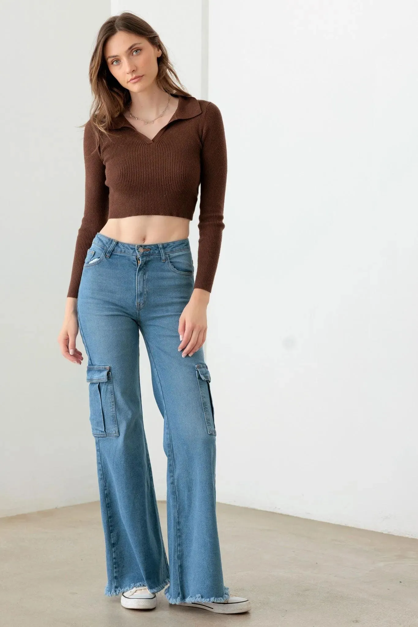 Blue Wide Leg Side Pockets Casual Cargo Jeans