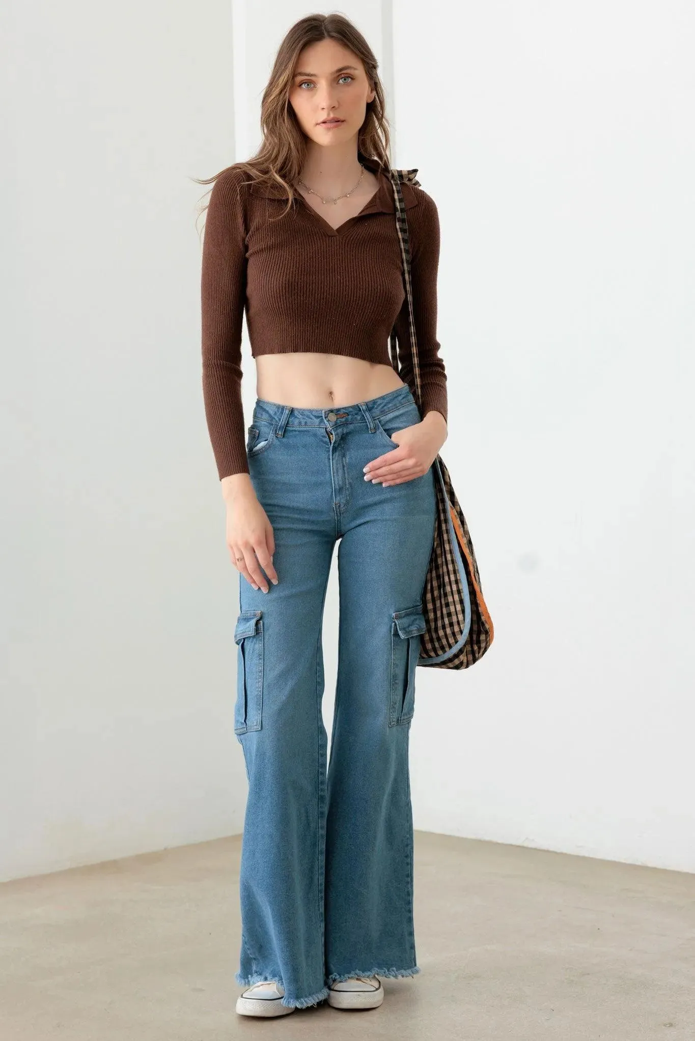 Blue Wide Leg Side Pockets Casual Cargo Jeans