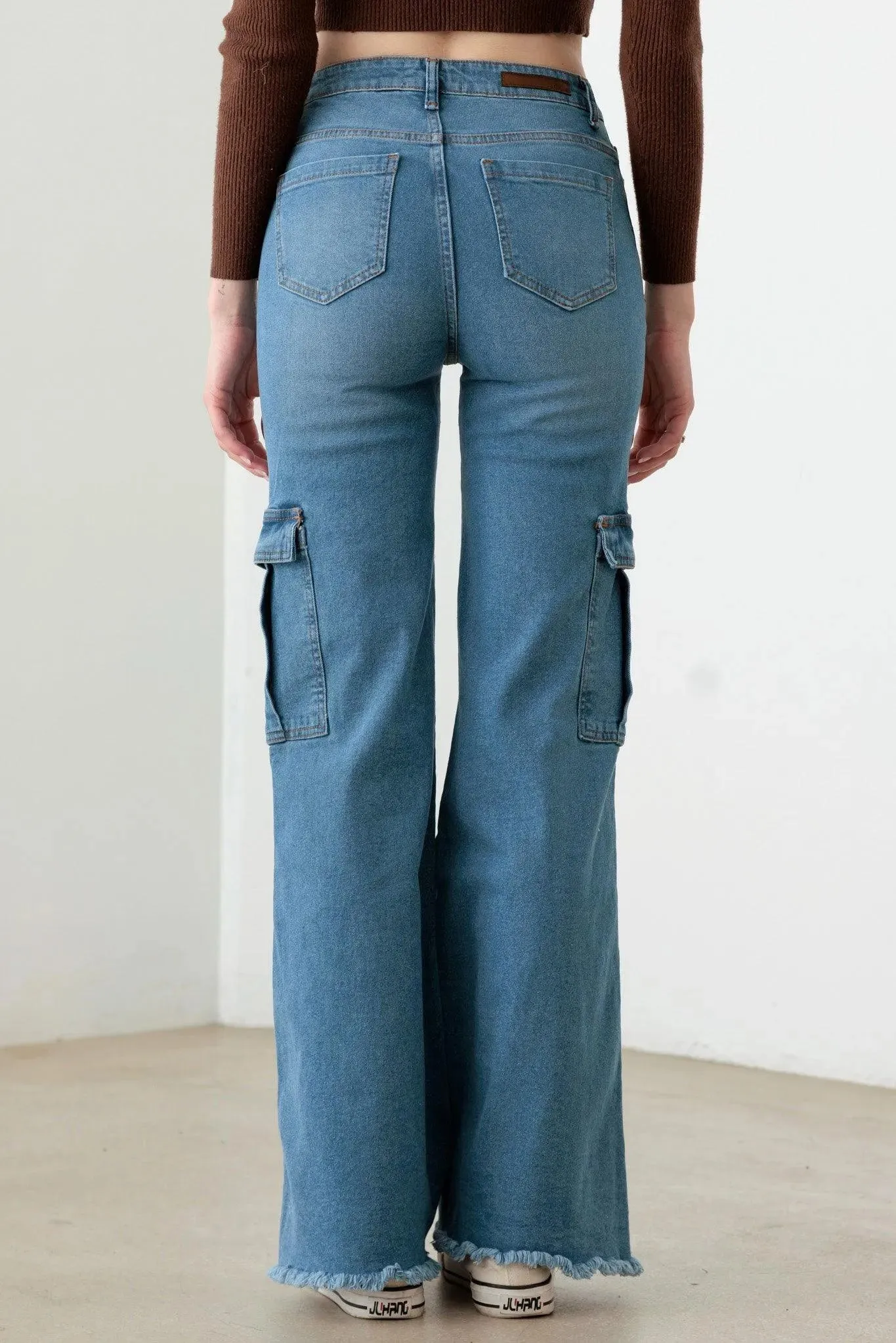 Blue Wide Leg Side Pockets Casual Cargo Jeans