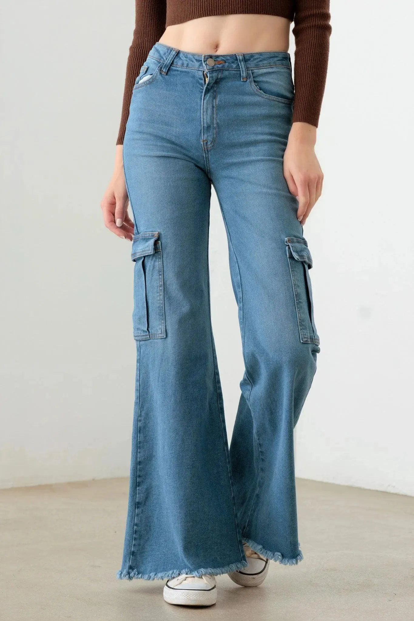 Blue Wide Leg Side Pockets Casual Cargo Jeans