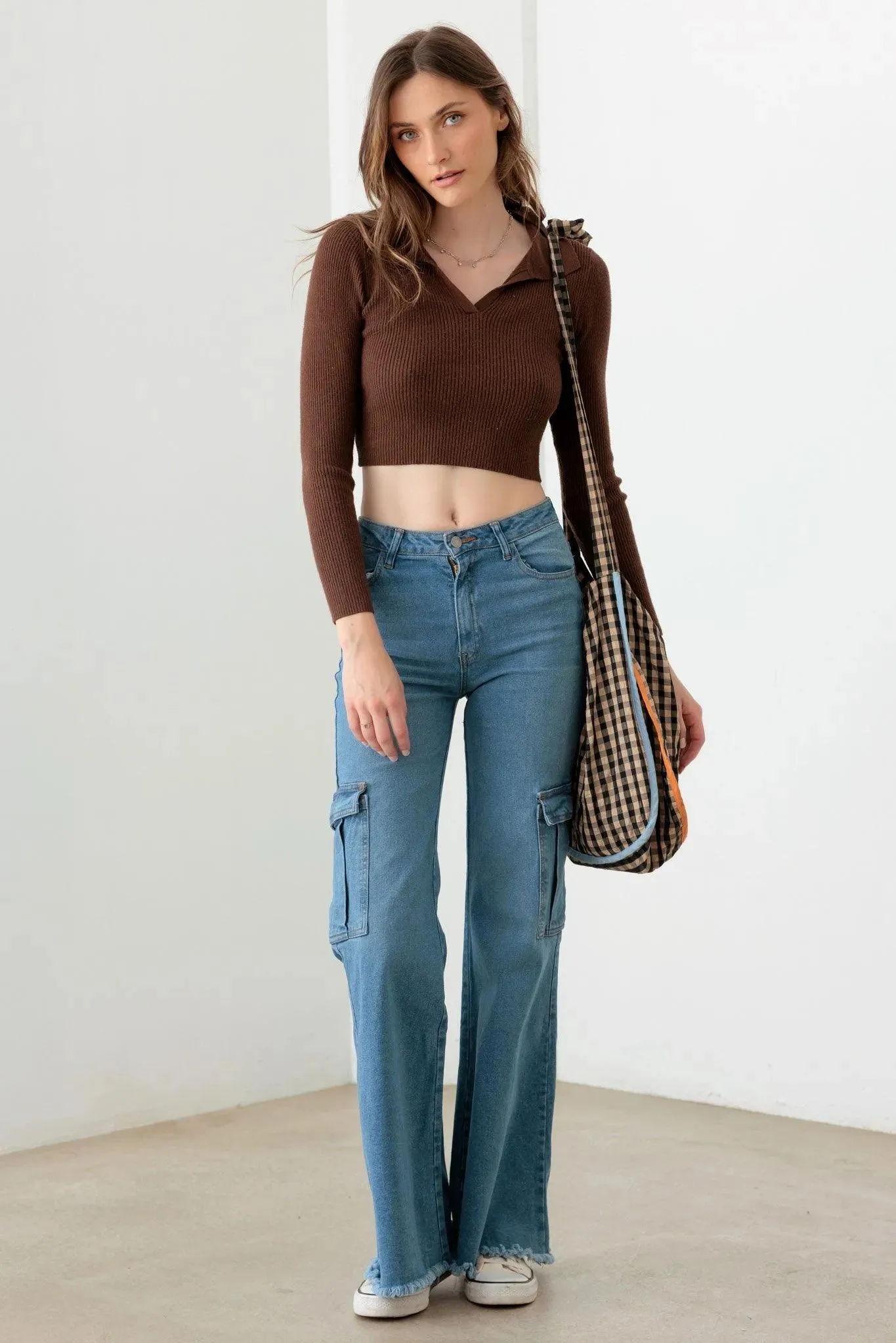 Blue Wide Leg Side Pockets Casual Cargo Jeans