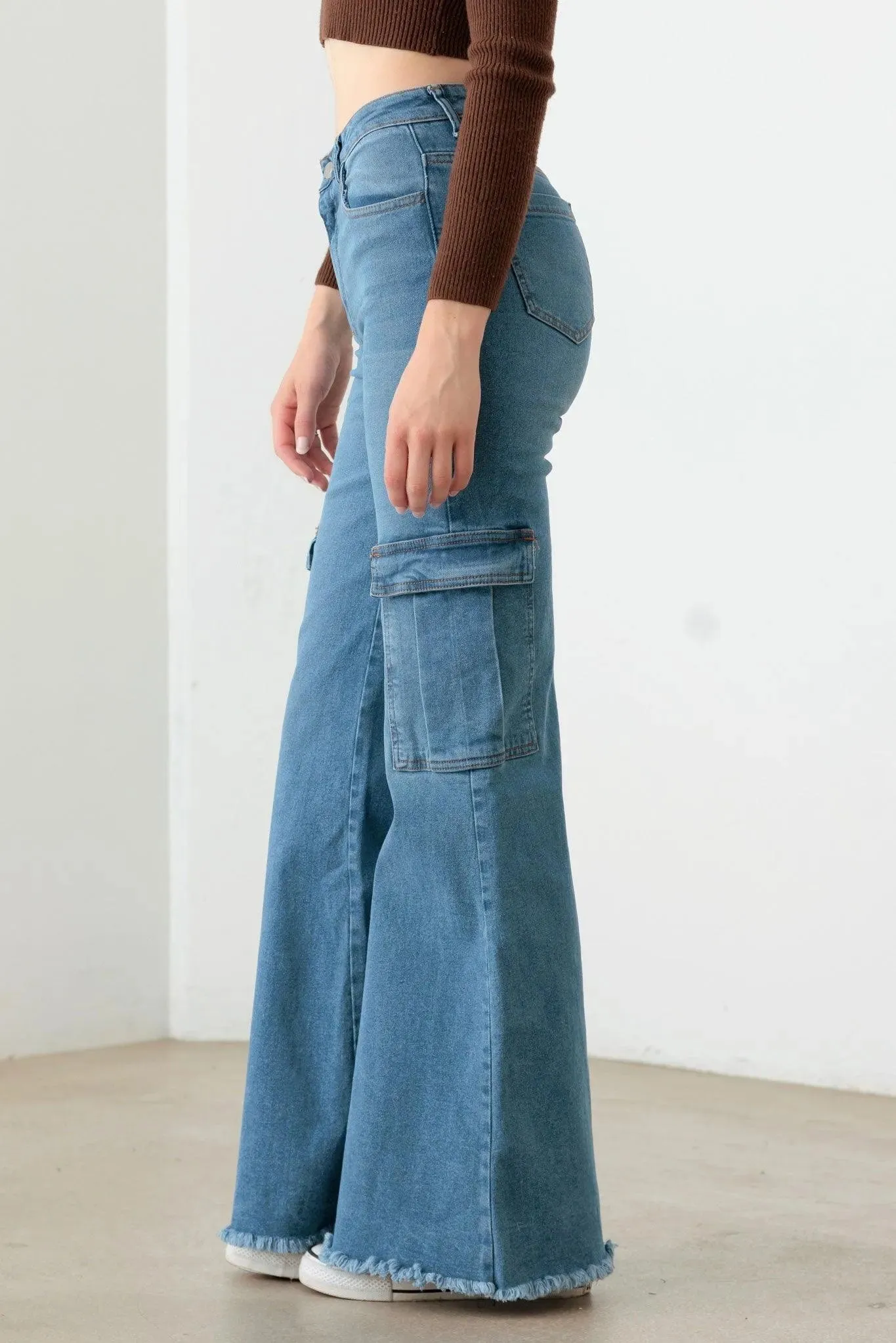 Blue Wide Leg Side Pockets Casual Cargo Jeans