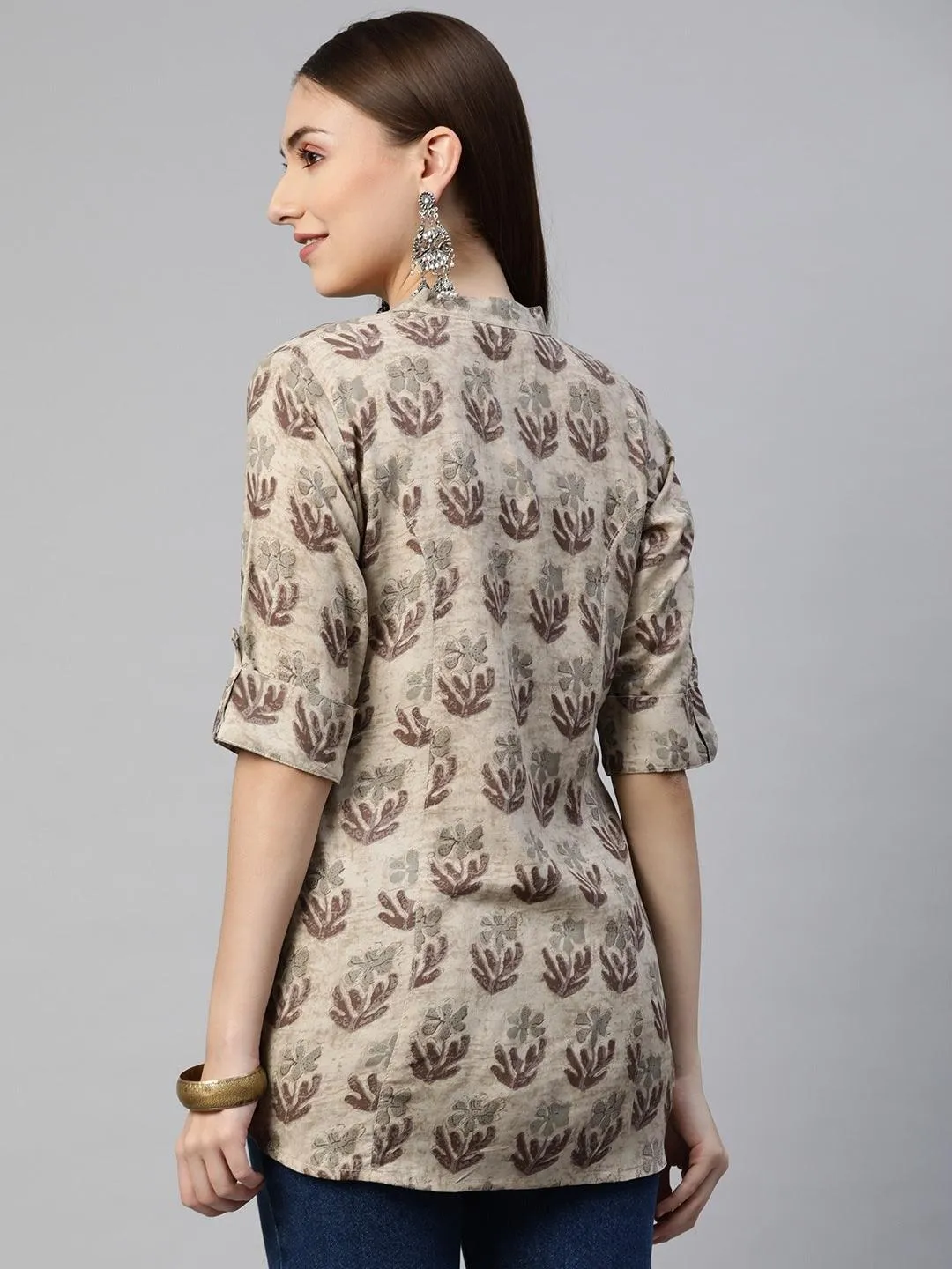 Brown Floral Rayon A-Line Shirt Style Top