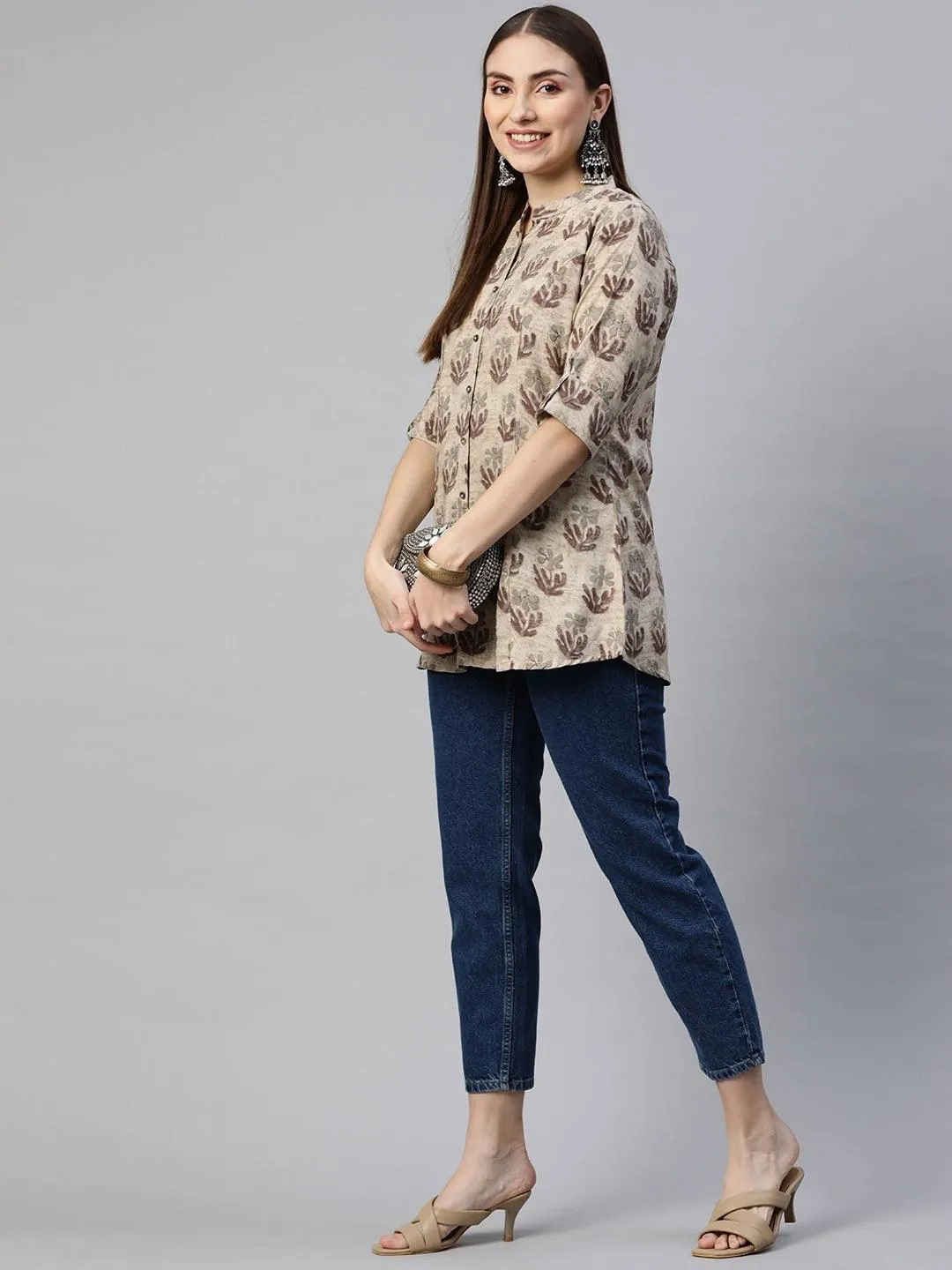 Brown Floral Rayon A-Line Shirt Style Top