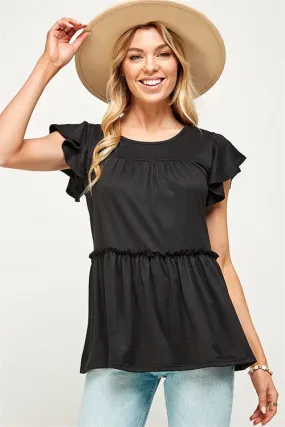 C24-B-2-MT2524 BLACK ROUND NECK RUFFLE SHORT SLEEVE TOP 2-2-2