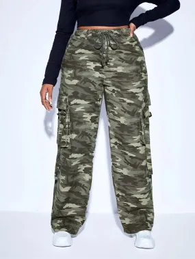 Camo Print Drawstring Waist Cargo Jeans