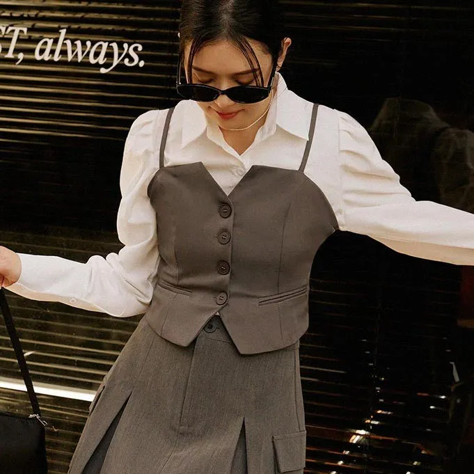 Casual Korean Two Piece Set Suit Vest Strap Shirt Top