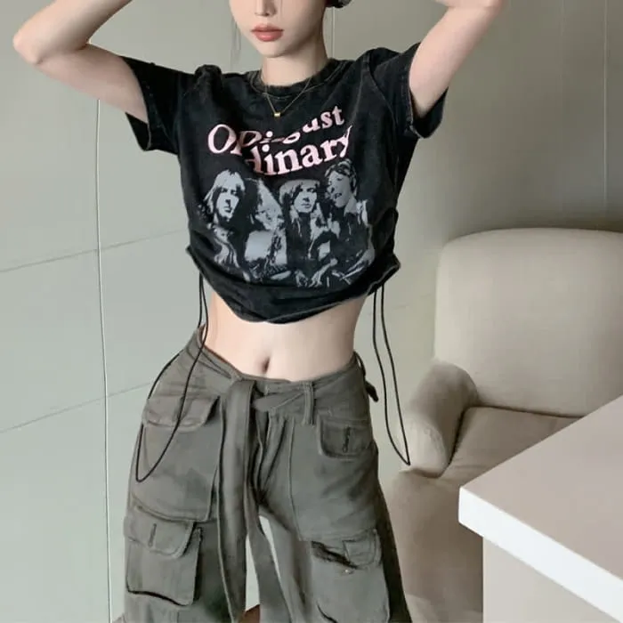 Casual Letter Print Drawstring Crop Top T-Shirt Pocketed Cargo Pants