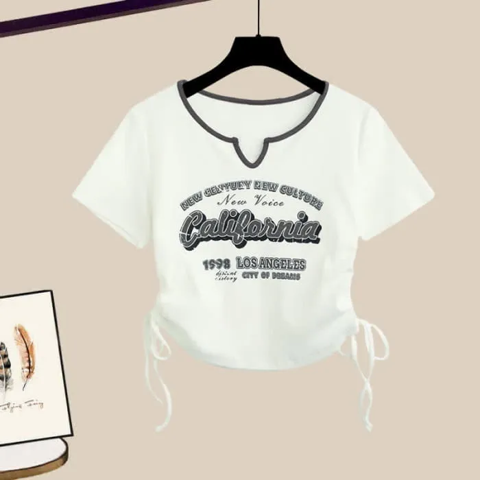 Casual Letter Print Drawstring Crop Top T-Shirt Pocketed Cargo Pants