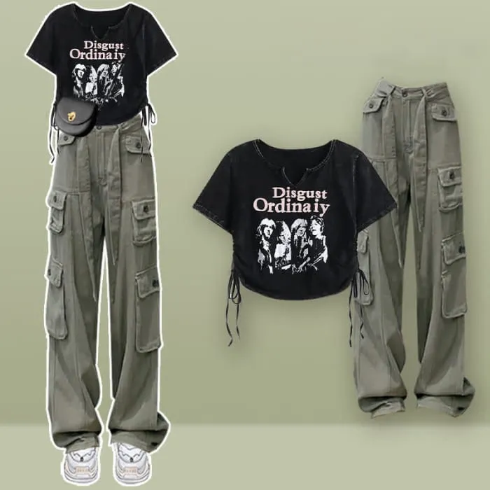 Casual Letter Print Drawstring Crop Top T-Shirt Pocketed Cargo Pants