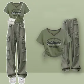 Casual Letter Print Drawstring Crop Top T-Shirt Pocketed Cargo Pants