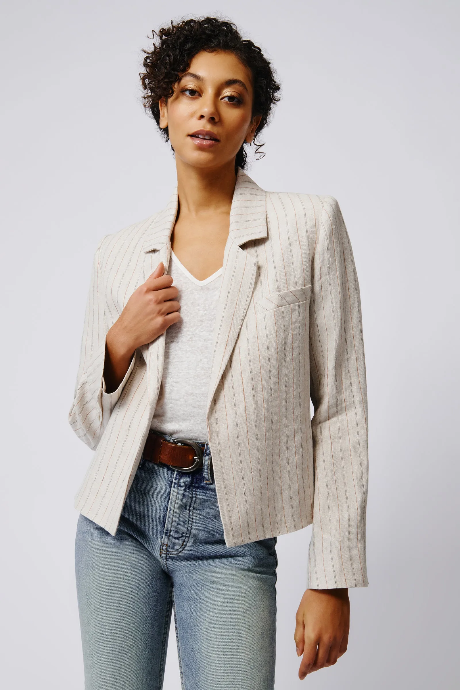 Crop Tux Linen Blazer - Khaki Stripe