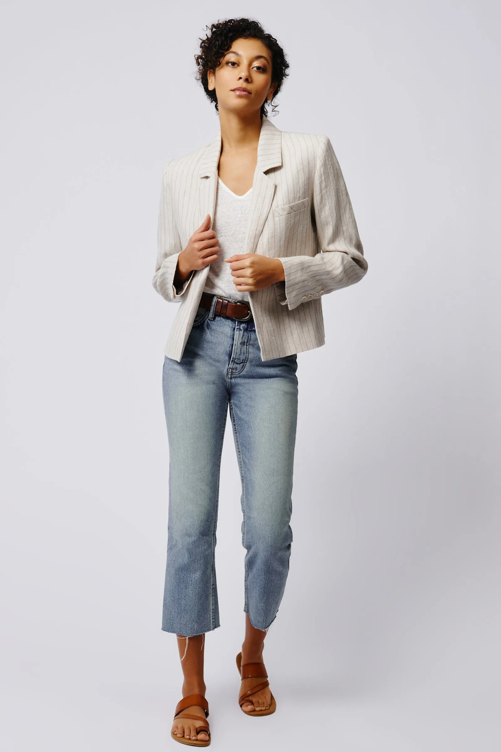 Crop Tux Linen Blazer - Khaki Stripe