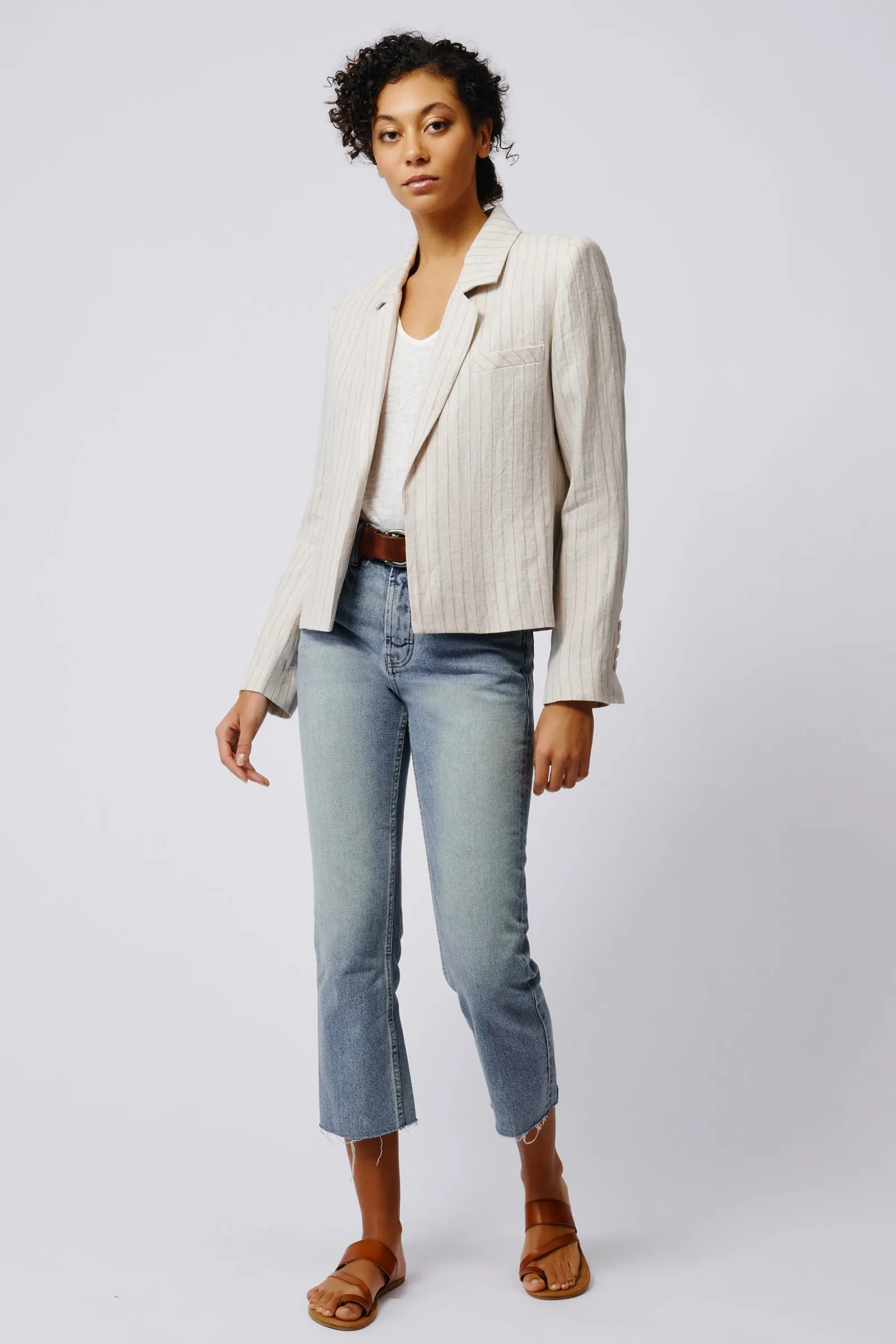 Crop Tux Linen Blazer - Khaki Stripe