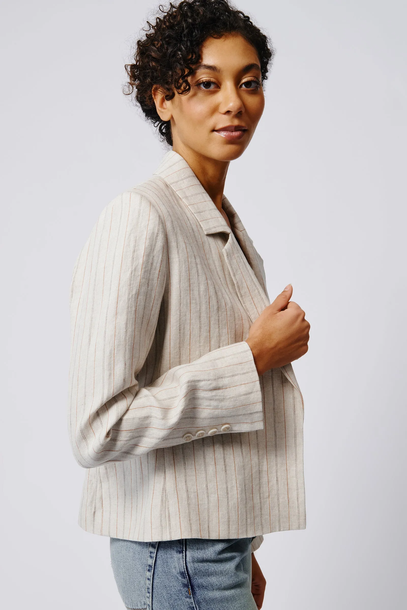 Crop Tux Linen Blazer - Khaki Stripe