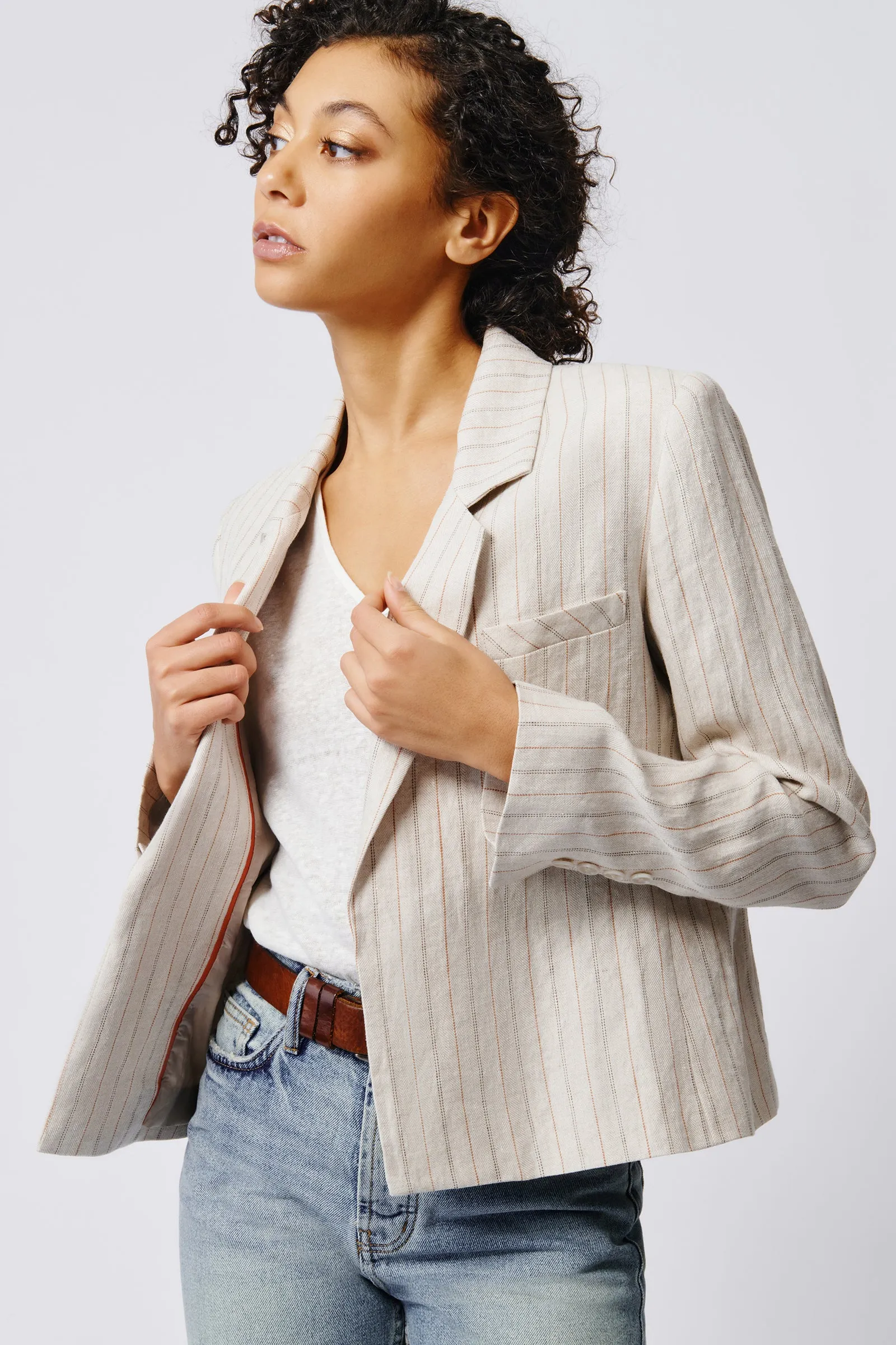 Crop Tux Linen Blazer - Khaki Stripe