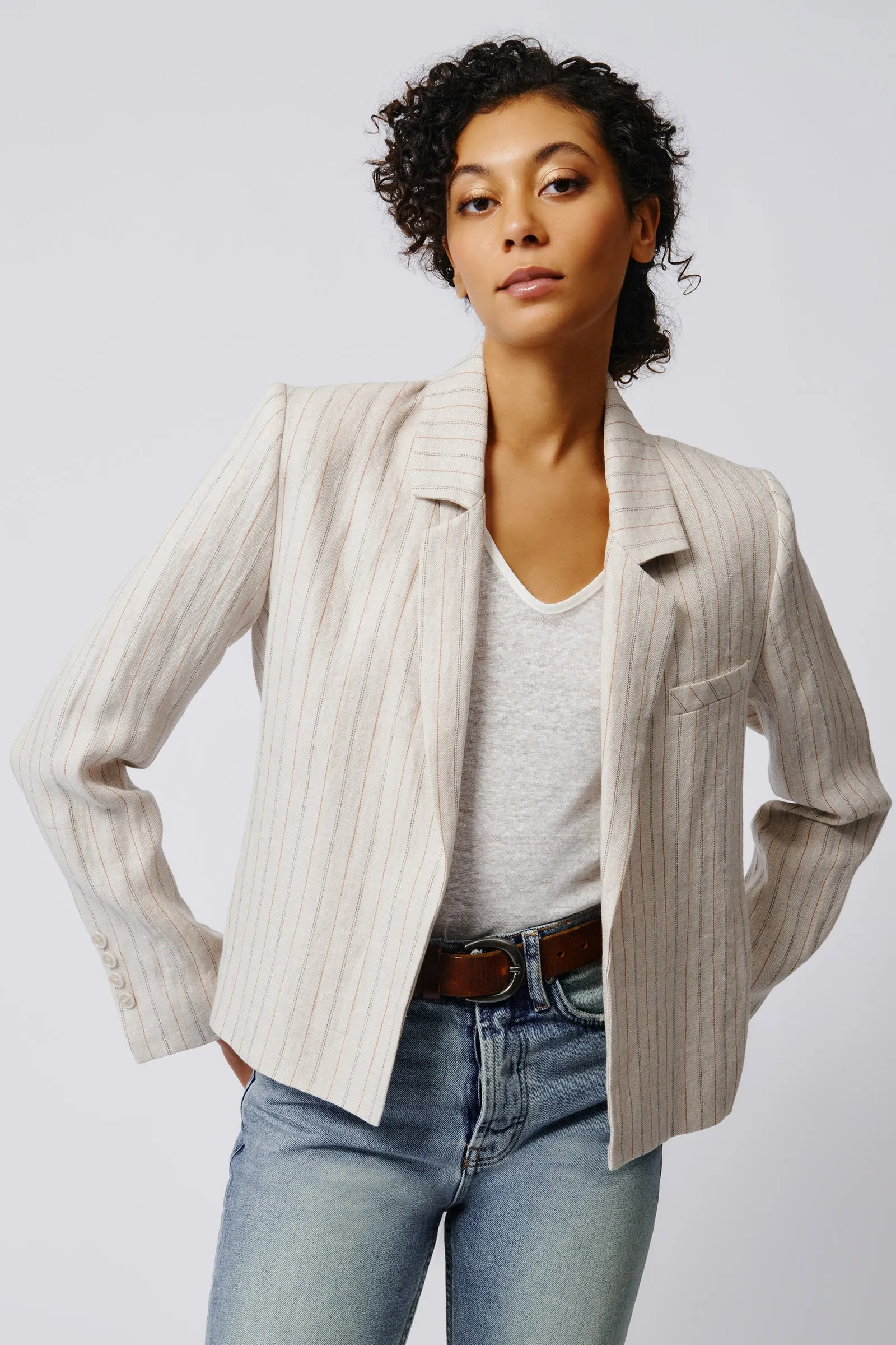 Crop Tux Linen Blazer - Khaki Stripe