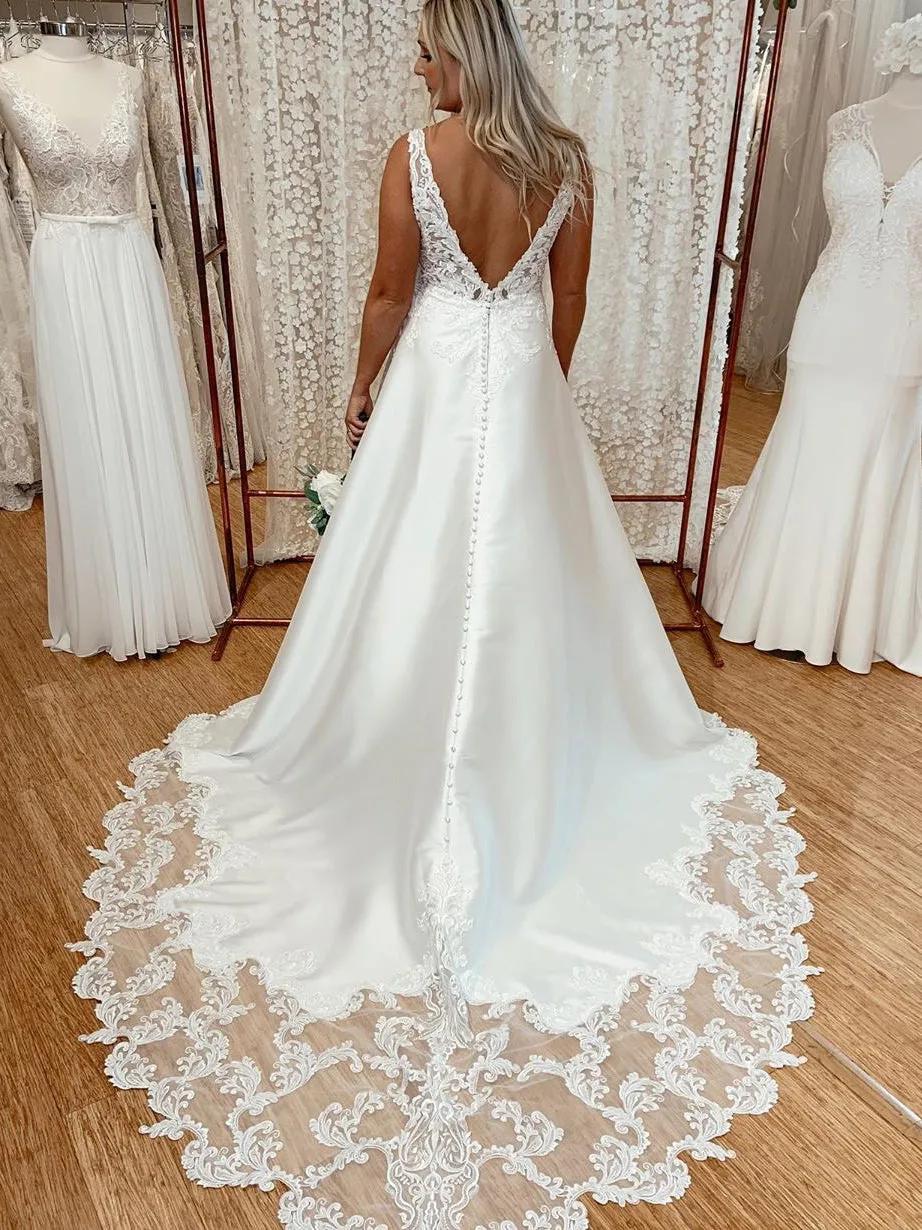 Delicate A-Line Satin Lace Jewel Backless Sleeveless Wedding Dresses WD470