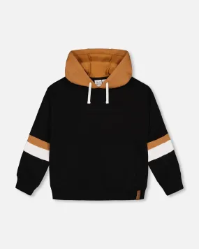 Deux Par Deux Fleece Hoodie With Quilted Pocket Black