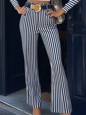 Fashionable Personality Navy Blue Striped Metal Belt White Pants