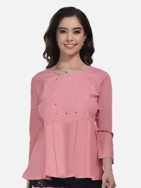 FIMS Fashion Women Cotton Pleated & Gathered Embroidery Stone Full Sleeves Pink