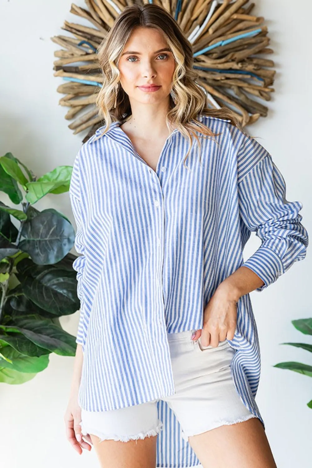 First Love Striped Button Down High-Low Hem Shirt