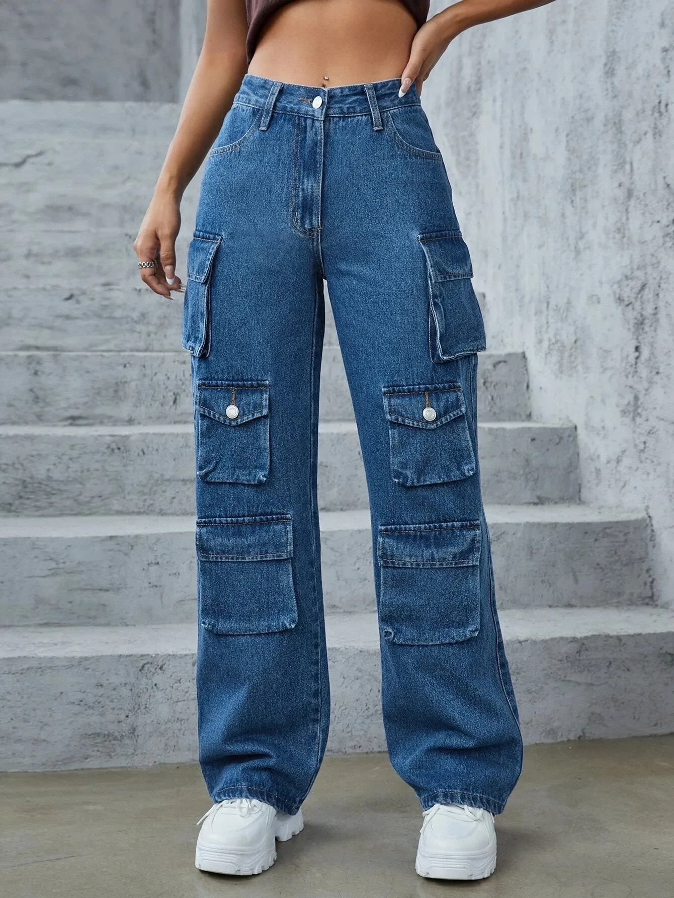 Flap Pocket High Rise Cargo Denim