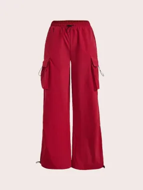 Flap Pocket Side Drawstring Waist Red Cargo Pants