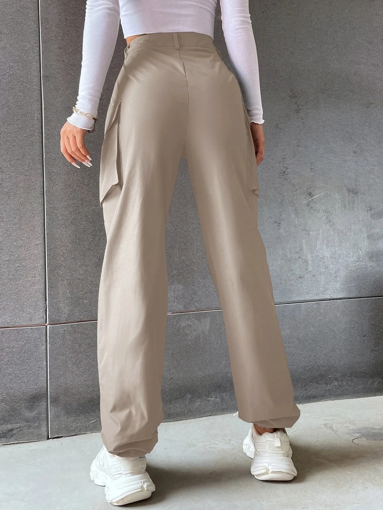 Flap Pocketed Pants In Solid Color