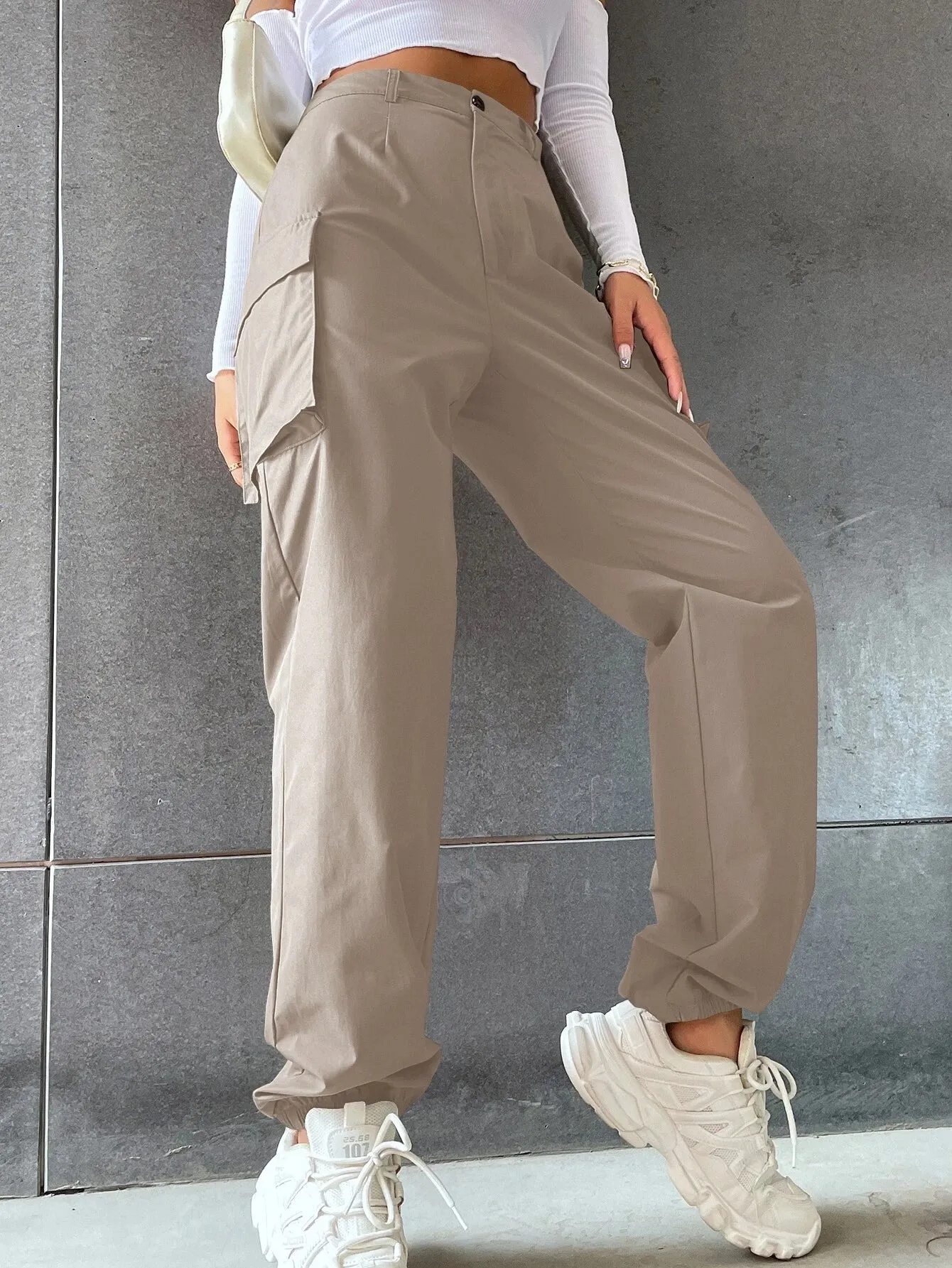 Flap Pocketed Pants In Solid Color